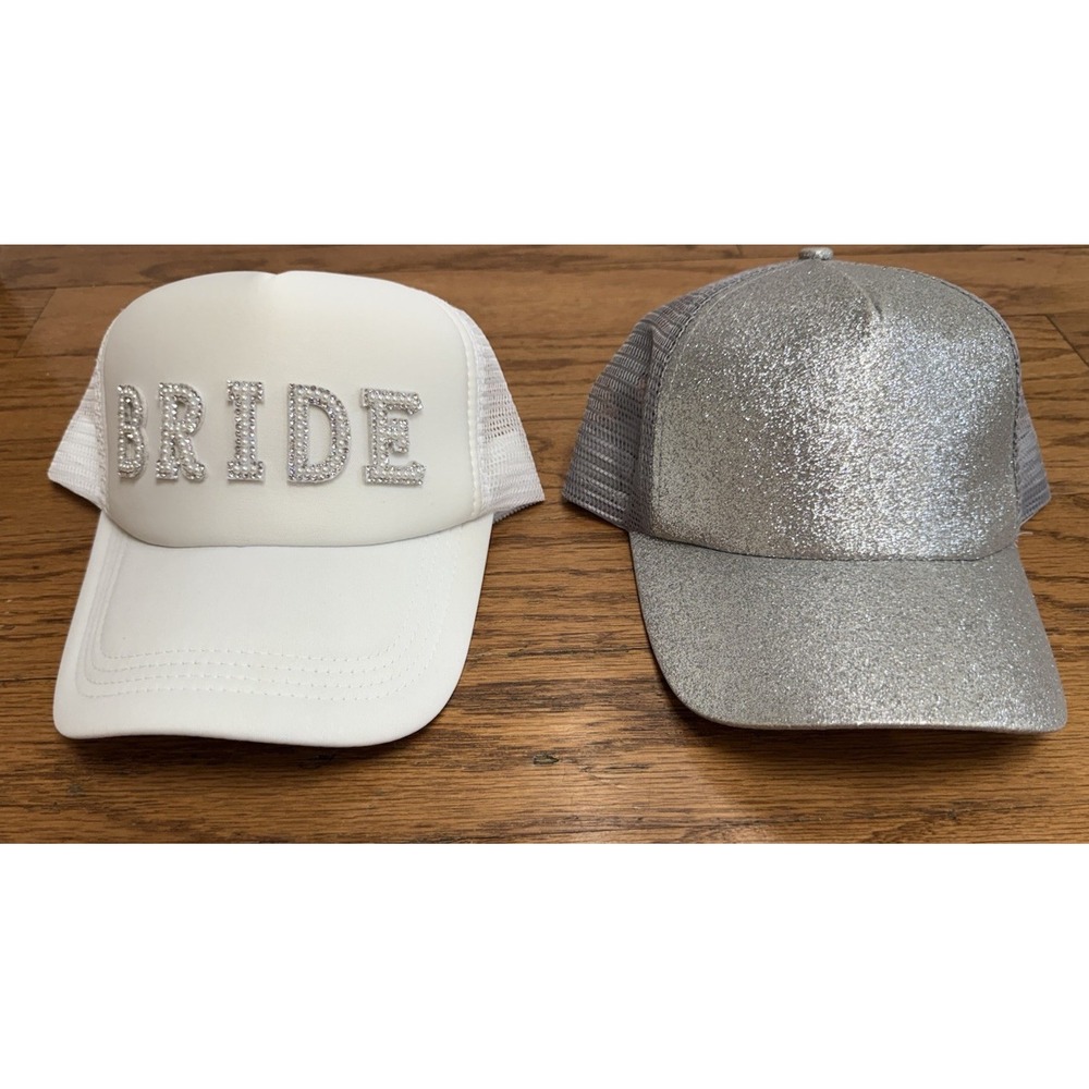 Bride Bachelorette Beaded Pearl Trucker SnapBack Hat & Silver Glitter Pony Hat